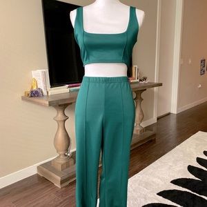 Forest Green Square Neck Zip Back Crop Top & High Waist Extreme Flare Long Pants